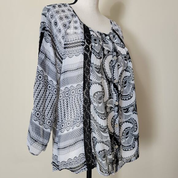 Valerie Stevens M Button Front 3/4 Raglan Sleeve Scoop Neck Lace Blouse Top - Picture 6 of 16